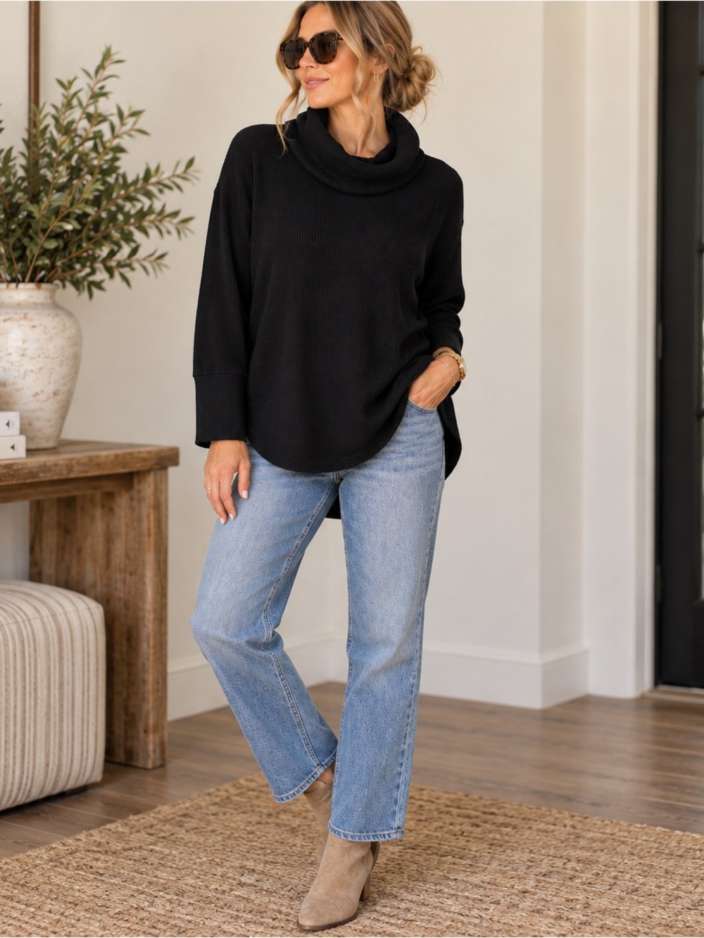 Maeve Anthropologie Black Waffle Knit Cowl Neck Top M